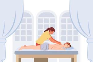 entspannte Frau, die im Spa mit einem professionellen Massagetherapeuten eine Rückenmassage bekommt. Wellness, Zeichentrickfiguren, Vektorgrafik. vektor