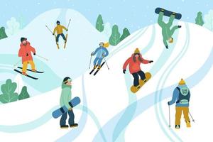 illustration mit jungen leuten im bergresort. Skifahren und Snowboarden. Vektordesign der Wintersaison. vektor