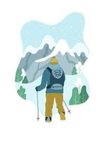 Mann mit Rucksack, der zum Gipfel des Berges wandert. karikaturillustration des klettersports in der wintersaison. vektor