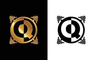 initialt q monogram alfabet med en skivstång. lyft vektor logotyp design. modern vektorlogotyp för bodybuilding, gym, fitnessklubb, företag och företagsidentitet
