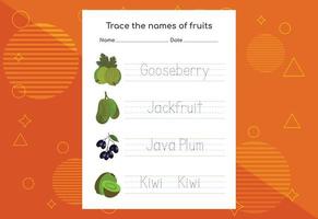 spåra namnen på frukter. handskriftsträning för förskolebarn. vektor