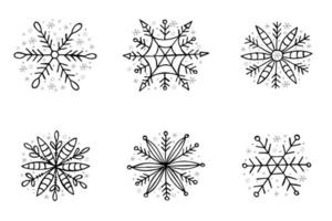 eine Reihe von handgezeichneten Schneeflocken. Vektorillustration im Doodle-Stil. Winterstimmung. hallo 2023. frohe weihnachten und ein gutes neues jahr. schwarze und graue Elemente auf weißem Hintergrund. vektor