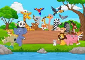 tecknade vilda djur med tom tavla i djungeln vektor