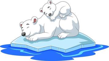 tecknad mor och baby isbjörn sover på isflaket vektor