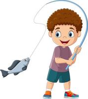 tecknad glad liten pojke fiske vektor