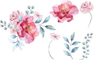 Bouquet Rose und blühende Blumen, die mit Wasserfarben bemalt sind, um Hochzeitseinladungskarten zu dekorieren. vektor