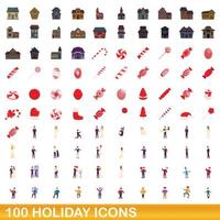 100 semester ikoner set, tecknad stil vektor