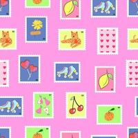 nahtloses muster der handgezeichneten briefmarke. Briefmarken mit Katze, Kirsche, Zitrone, Birne, Orange, Blume und Rollschuhen. trendige Vektorpostmarken auf rosafarbenem Hintergrund. post- und postamtsillustration