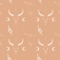 boho style illustration mit büffelschädel, schlange, blumen, mond und sternen. Wild-West-Design. nahtloses Muster in Pastellfarben vektor