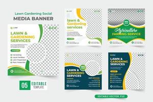 Sammlung von Bannervorlagen für Rasen im Garten für soziale Medien. landwirtschaft landwirtschaft business service flyer set design. Werbepostpaket für Garten- und Rasenmäherdienste für soziale Medien. vektor