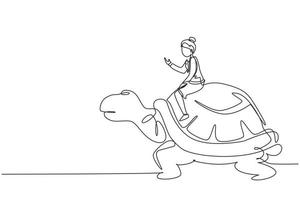 kontinuierliche einzeilige zeichnung geschäftsfrau, die riesige schildkröte reitet. langsame bewegung zum erfolg, manager fährt riesenschildkröte. Business-Wettbewerbskonzept. Vektorgrafik-Illustration für einzeiliges Design vektor