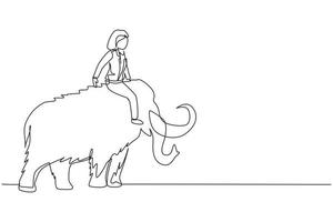 kontinuerlig en rad ritning affärskvinna rider enorma farliga mammut. professionell entreprenör kvinnlig karaktär. framgångsrik affärskvinna. enda rad rita design vektorgrafisk illustration vektor