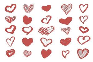 Reihe von Herzsymbolen in verschiedenen Formen. Gekritzelsymbole der Liebe. handgezeichnete elemente für das design. isoliert auf weißem Hintergrund. vektor