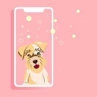 Der Hund schaut aus dem Telefon. Haustierpflegekonzept für mobile App vektor