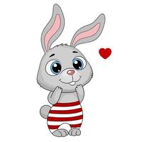 söt tecknad kanin med ett hjärta. påskharen i randiga byxor. gratulationskort, vektor illustration.