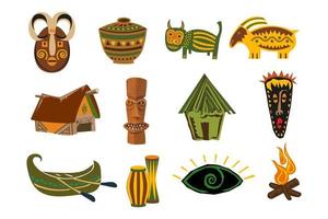 eine Reihe von Haushaltsgegenständen afrikanischer Stämme, mystische Masken, Wigwam, Kanu, Feuer, Geschirr mit Ornamenten. Retro-Symbole, Illustration, Vektor