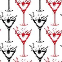 Nahtloses Muster, rote und schwarze Martini-Gläser mit Kirschen und Spritzern auf weißem Hintergrund. Druck, Hintergrund, Textil, Tapete, Vektor