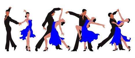 tanzende Paare, eine Frau in einem blauen Kleid mit einem Mann in schwarzem Tanztango. Abbildungssatz, Vektor