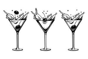 Strichzeichnung von Martini-Gläsern. eine reihe von gläsern mit wein, oliven und kirschen. Schwarz-Weiß-Design. Symbole, Vektor