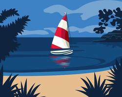Rotes und weißes Segelboot auf dem Hintergrund der Meereslandschaft, eine Yacht in den Tropen. sommerillustration, clipart, druck, vektor