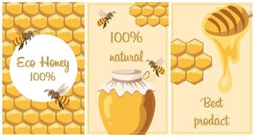 Honig-Poster-Set. Plakate mit Bienen, Waben, einem Glas Honig, einem Löffel, einem Fass und Gänseblümchen. das Konzept der ökologischen Bio-Produkte. Vektor