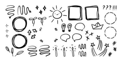 uppsättning handritning. samling av skiss dekorativ graffiti med hjärta, stjärna, krona, pil, ram, linjer och stänk. doodle doodle element för designkoncept. vektor illustration av enkelt bläck.