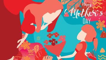 glückliche muttertagstochter gratuliert mama und schenkt ihr blumen tulpen und eine geschenkbox hinter dem rücken. flacher Designstil der Vektorillustration mit lebender korallenroter Farbe trendy 2019. - Vektor