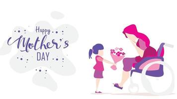 glückliche muttertagstochter gratuliert behinderter mutter im rollstuhl und schenkt ihr blumen tulpen. Mama lächelt und überrascht. Vektor-Illustration flache Cartoon-Design-Stil. - Vektor