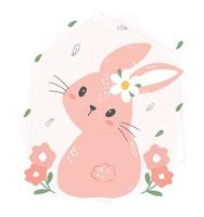 söt rosa kanin som sitter med blommor, bedårande barnkammare djur handritning vektorillustration vektor