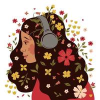 Porträt eines Mädchens in Kopfhörern mit Blumen im Haar. Vektorgrafiken. vektor