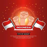 glänsande indonesien självständighetsdagen design med vågig flagga och gest näve. vektor
