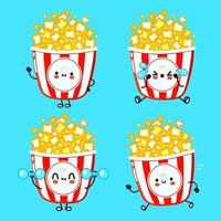 rolig söt glad popcorn tecken bunt set. vektor handritad doodle stil seriefigur illustration ikon design. söt popcorn maskot karaktär samling