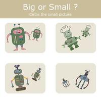 Ordnen Sie die Roboter der Größe nach groß oder klein zu. Lernspiel für Kinder. vektor