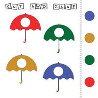 arbeitsblatt vektordesign, die aufgabe besteht darin, ein stück auf einem regenschirm auszuschneiden und einzufügen. Logikspiel für Kinder.