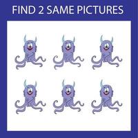 Finde ein Paarspiel mit lustigen lila Monstern. arbeitsblatt für vorschulkinder, kinderaktivitätsblatt, druckbares arbeitsblatt vektor