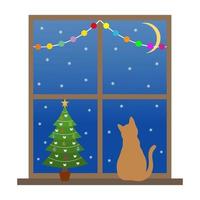 Illustration der Katze, die auf dem Fenster gegen den Sternenhimmel sitzt vektor