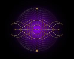 Magischer Dreifachmond. goldenes symbol der wikingergottheit, keltische heilige geometrie, wiccan-logo, esoterische dreiecke der alchemie. Objektvektorillustration des spirituellen Okkultismus isoliert auf schwarzem violettem Hintergrund vektor