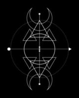 Magischer Dreifachmond. symbol der wikingergottheit, keltische heilige geometrie, wiccan white logo tattoo, esoterische dreiecke der alchemie. Objektvektorillustration des spirituellen Okkultismus lokalisiert auf schwarzem Hintergrund vektor