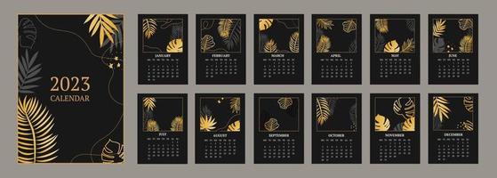 klassischer monatskalender für 2023. kalender mit palm- und monsterablättern, schwarz-goldene farbe. vektor