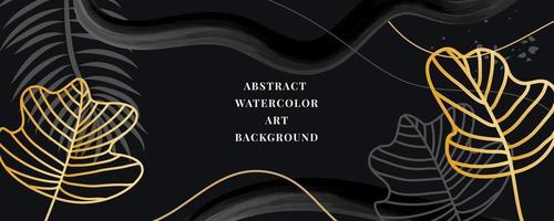 vektor bakgrund av akvarell konst. tapetdesign med en pensel. svart, guld, penslar, cirklar, palmblad, monsterblad, abstrakta former