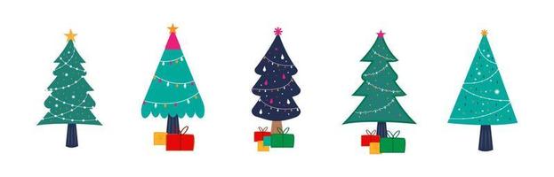 sammlung von weihnachtsschmuck, weihnachtsgeschenken, wintergestrickter wollkleidung, bäumen, geschenken und pinguin vektor