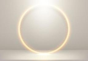 3D elegant glödande gyllene cirkel med belysning och guld glitter på scenen beige bakgrund vektor