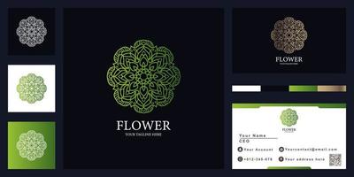 blomma, mandala eller prydnad lyx logotyp malldesign med visitkort. vektor