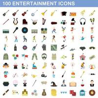 100 Unterhaltungssymbole gesetzt, flacher Stil vektor