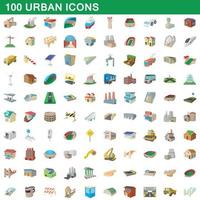 100 urbana ikoner set, tecknad stil vektor