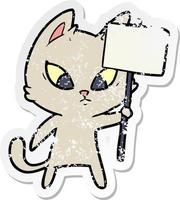 bedrövad klistermärke av en förvirrad tecknad katt med protestskylt vektor