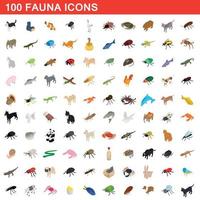 100 Fauna-Icons gesetzt, isometrischer 3D-Stil vektor