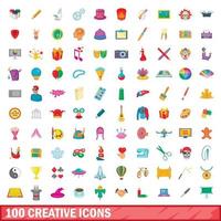 100 kreativa ikoner set, tecknad stil vektor