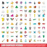 100 Fantasy-Icons gesetzt, Cartoon-Stil vektor