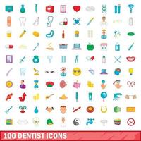 100 tandläkare ikoner set, tecknad stil vektor